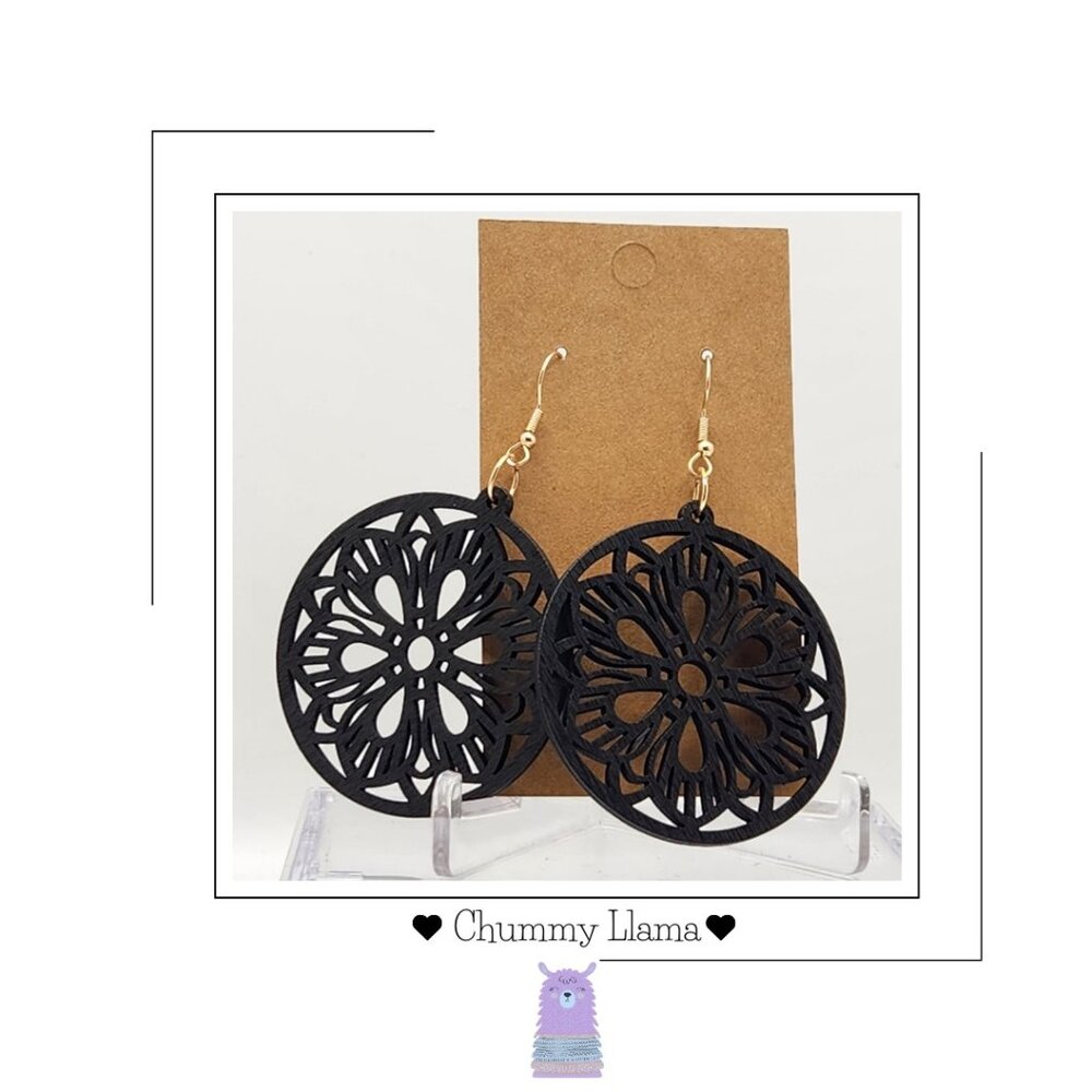 Black Dangle Earrings Boho Inspired Pattern Statement Chic Wooden NEW
